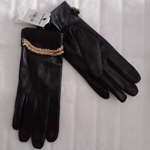 Express Black Leather Gloves with Gold Chain Accent